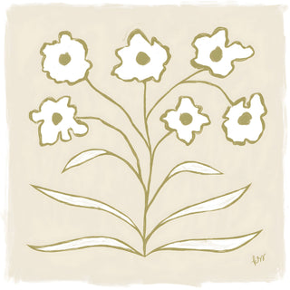 The image is a simple, stylized depiction of a flower arrangement with six white flowers and a single green stem.