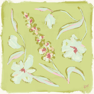 The image is a vibrant and colorful abstract painting featuring various flowers and leaves in shades of green, pink, and white.