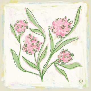 The image is a digital illustration featuring a stylized depiction of pink flowers with green leaves.