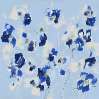The image is an abstract painting featuring a variety of blue and white shapes and lines, creating a dynamic and visually striking composition.