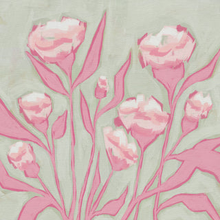 The image is a painting of pink flowers with green leaves, featuring stylized and abstract representations of the flowers and leaves.