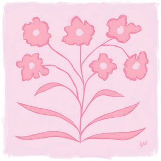 The image is a digital illustration featuring a stylized pink flower with five petals, set against a pink background.