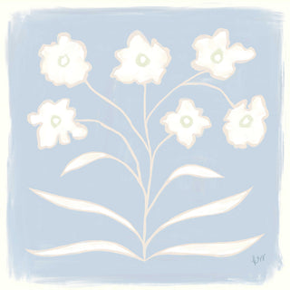 A digital illustration of a stylized flower arrangement with six white flowers against a light blue background.