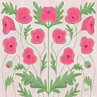The image is a vibrant and colorful illustration featuring a variety of pink flowers with green leaves, arranged in a symmetrical and visually appealing manner.