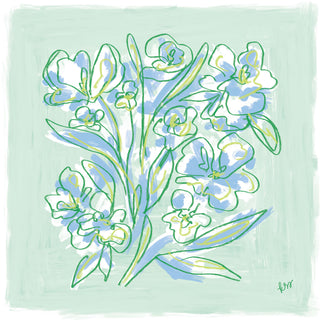 The image is a vibrant and colorful illustration of various flowers, including daisies and lilies, set against a light green background.