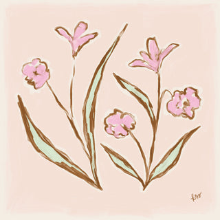 The image is a digital illustration featuring stylized pink flowers and green leaves against a light pink background.