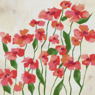 The image is an abstract painting featuring a variety of red flowers with green stems and leaves. The flowers are depicted in a loose, expressive style, creating a sense of movement and energy. The overall color palette is dominated by shades of red, with some green accents adding contrast and depth to the composition.