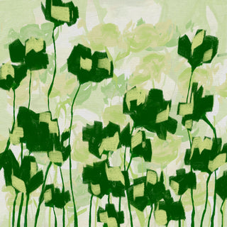 The image is an abstract painting featuring a variety of green and yellow shapes and forms, creating a vibrant and dynamic composition.