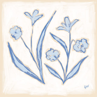 The image is a digital illustration featuring stylized blue flowers and leaves.