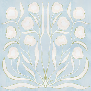 The image is a digital illustration featuring a symmetrical arrangement of white flowers and green leaves against a light blue background.