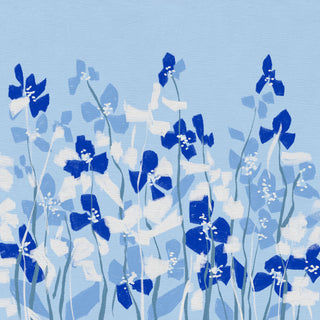 The image is a painting of blue flowers against a light blue background.