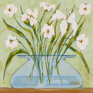 A painting of a vase filled with white flowers, with green stems and leaves, set against a green background.