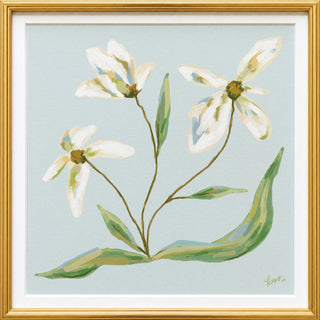 The image is a framed painting depicting three white flowers with green stems and leaves against a light blue background.