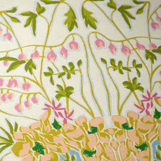The image is a vibrant and colorful print featuring a variety of flowers and foliage in shades of pink, green, and yellow. The flowers are arranged in a stylized manner, creating a lively and dynamic composition.