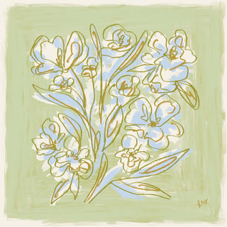The image is a digital illustration featuring a stylized arrangement of flowers and leaves on a green background.