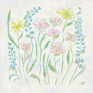 The image is a vibrant and colorful abstract painting featuring a variety of flowers and plants, including daisies, carnations, and other blooms, all rendered in a loose, sketchy style with a focus on color and form.
