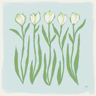a group of five white flowers with green stems, arranged in a row against a light blue background.