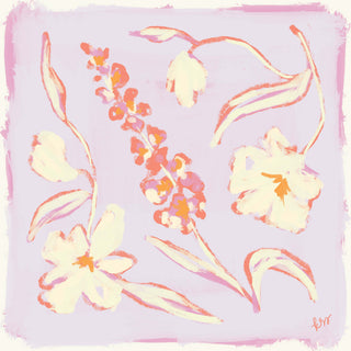 The image is a vibrant and colorful abstract painting featuring various flowers and leaves in shades of pink and white against a light purple background.