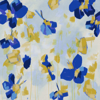 The image is an abstract painting featuring a variety of blue and yellow flowers and leaves scattered across a light blue background.