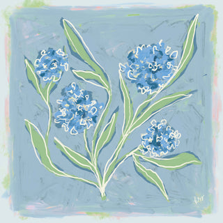 The image is an abstract painting featuring blue flowers with green leaves against a blue background.