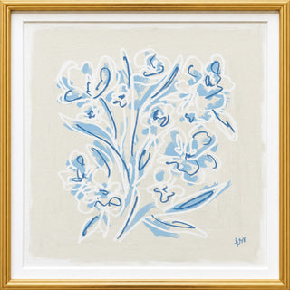 The image is a framed artwork depicting a stylized floral arrangement with blue and white flowers.