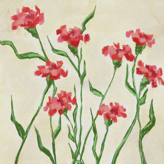 The image is a painting of red flowers with green stems, arranged in a group of six.
