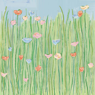 The image is a vibrant and colorful painting of a field of tall grass filled with various flowers in shades of pink, blue, and orange.