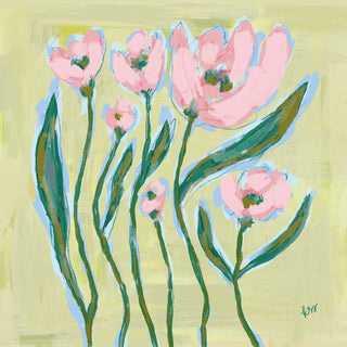 The image is an abstract painting featuring a group of pink flowers with green stems and leaves against a yellow background.