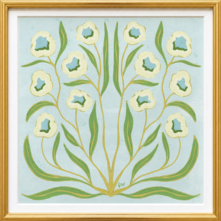 The image is a framed artwork featuring a stylized floral design with white flowers and green leaves against a light blue background.