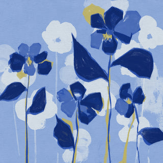The image is an abstract painting featuring blue flowers and leaves against a blue background.
