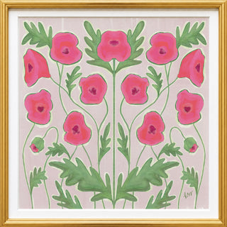The image is a framed painting featuring a floral arrangement of pink flowers with green leaves.