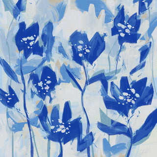 The image is an abstract painting featuring blue flowers with white spots against a light blue background.