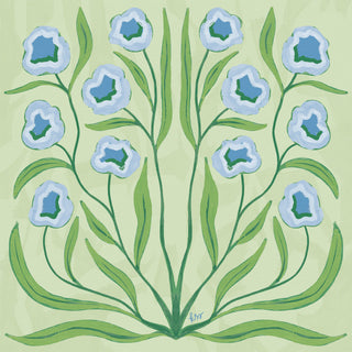 a symmetrical arrangement of blue flowers with green leaves, creating a visually appealing and harmonious design.