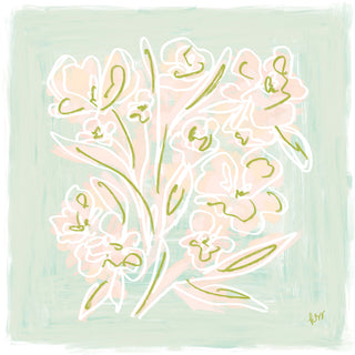 The image is a vibrant and colorful abstract floral illustration featuring a variety of pink and green flowers and leaves against a light green background.